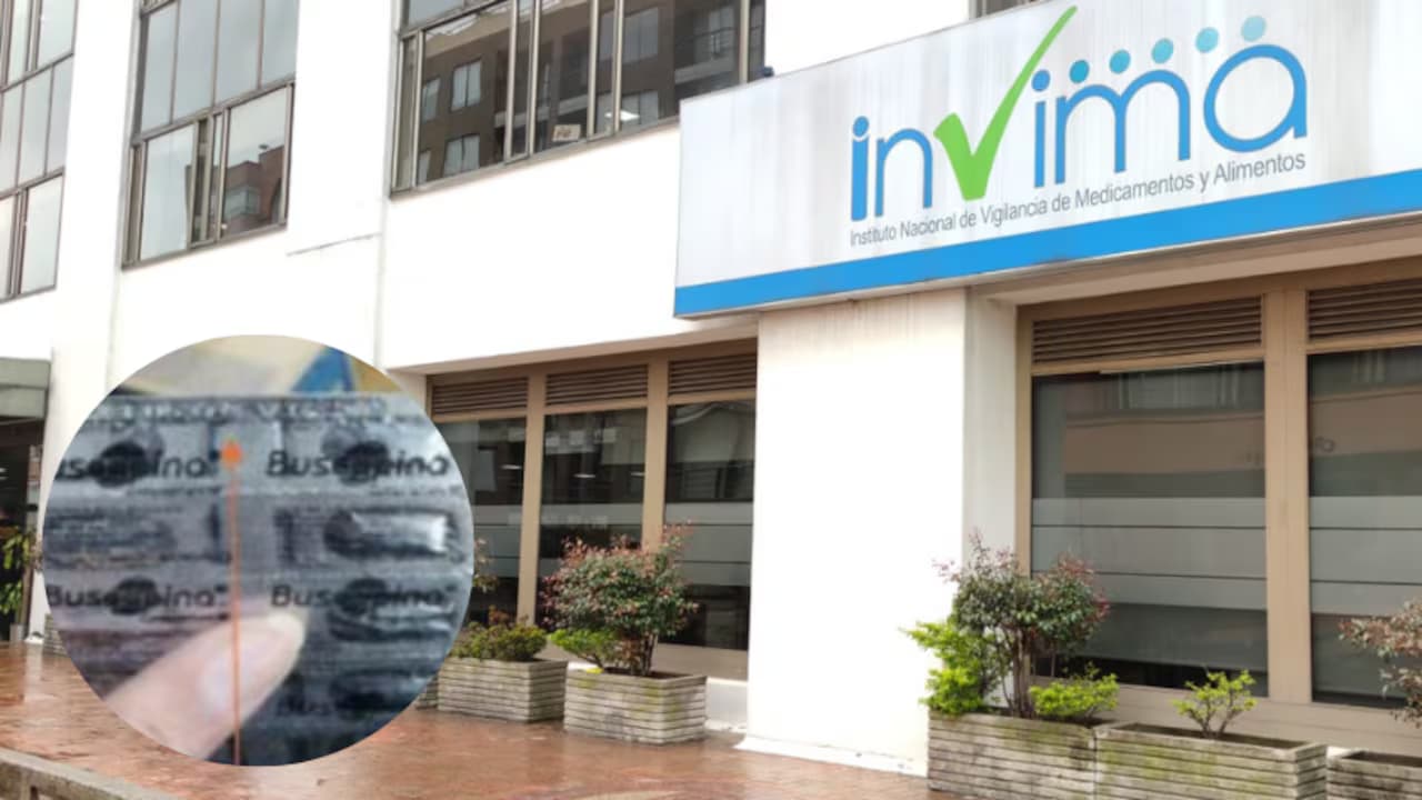 Sede del Invima en Bogotá y un blíster de Buscapina