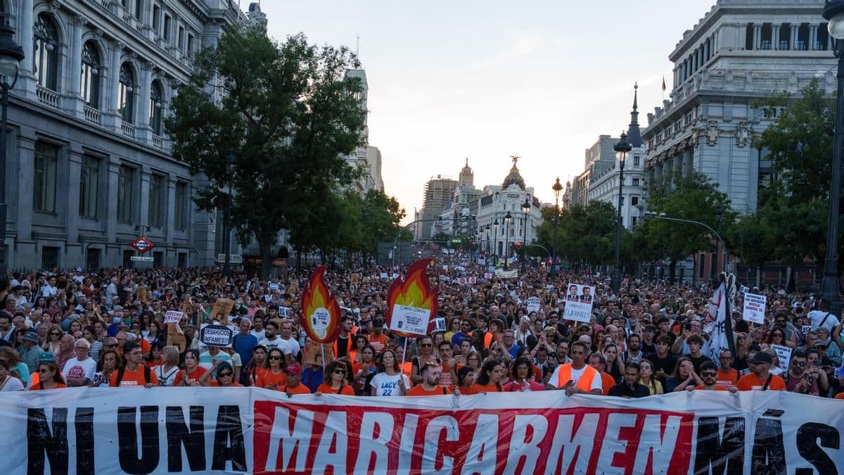 Multitud de manifestantes en una avenida de Madrid tras una pancarta que dice «Ni una Maricarmen más»