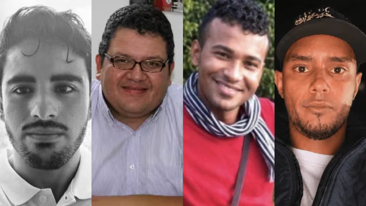 Retratos de cuatro periodistas asesinados en Colombia en 2026