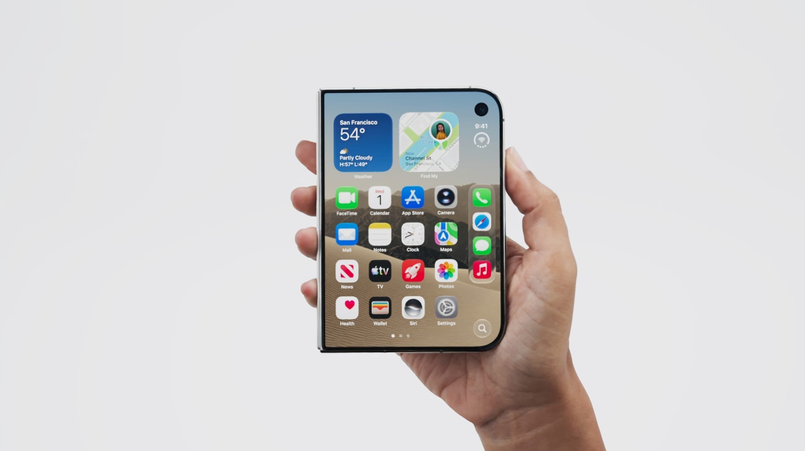Una mano sostiene el iPhone Duo, el teléfono plegable de Apple