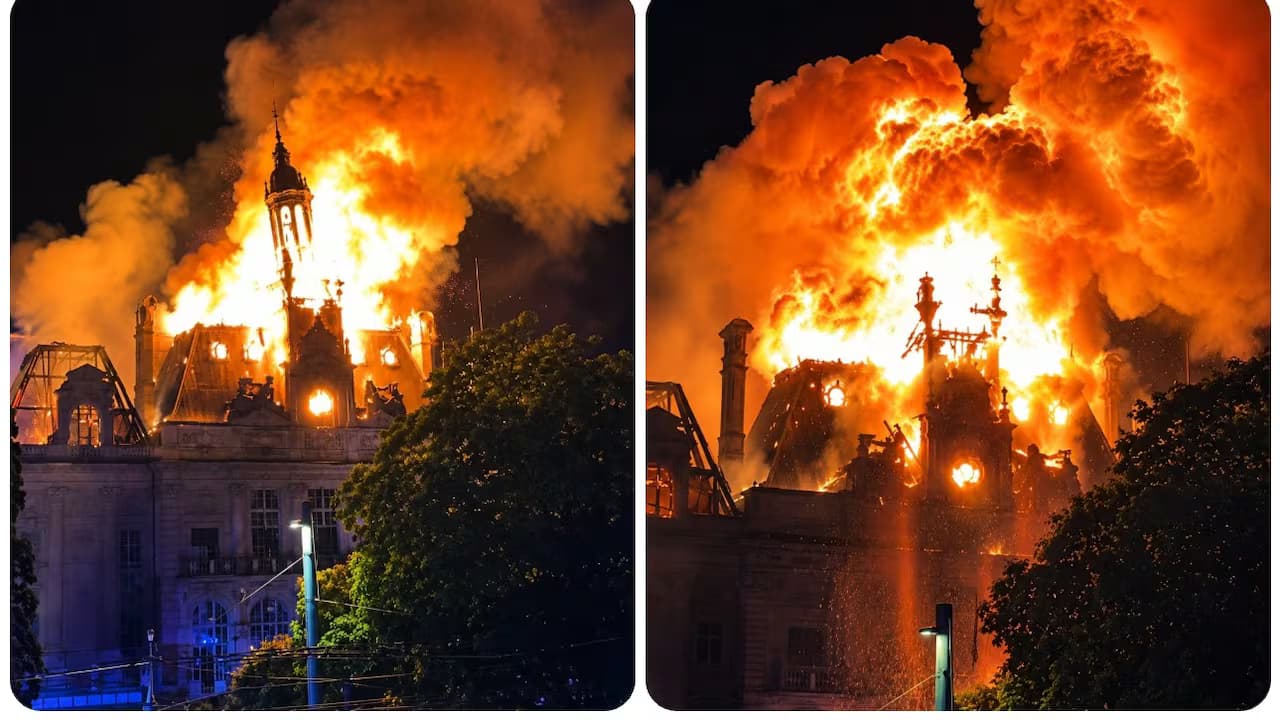 Llamas y humo envuelven la cúpula y el techo del ayuntamiento de Limoges, en Francia