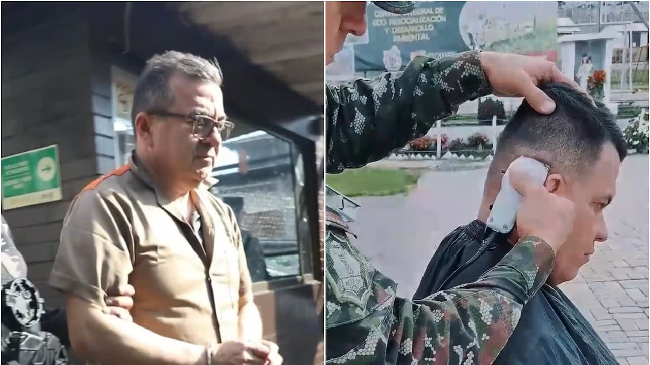 Olmedo López, esposado y con uniforme de recluso, durante el traslado; a la derecha, Sneyder Pinilla mientras le cortan el cabello