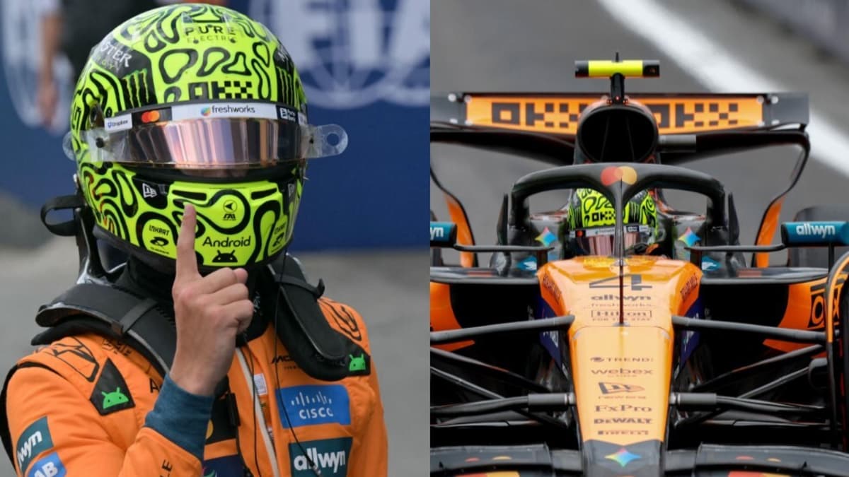 Lando Norris con el casco puesto se lleva un dedo a los labios junto a una imagen de su monoplaza de McLaren en la pista