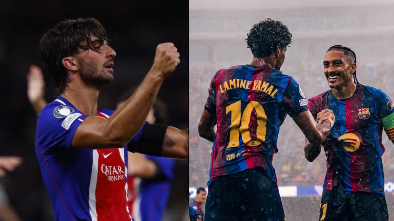Ferrán Torres celebra con el PSG y Lamine Yamal con Raphinha en el Barcelona