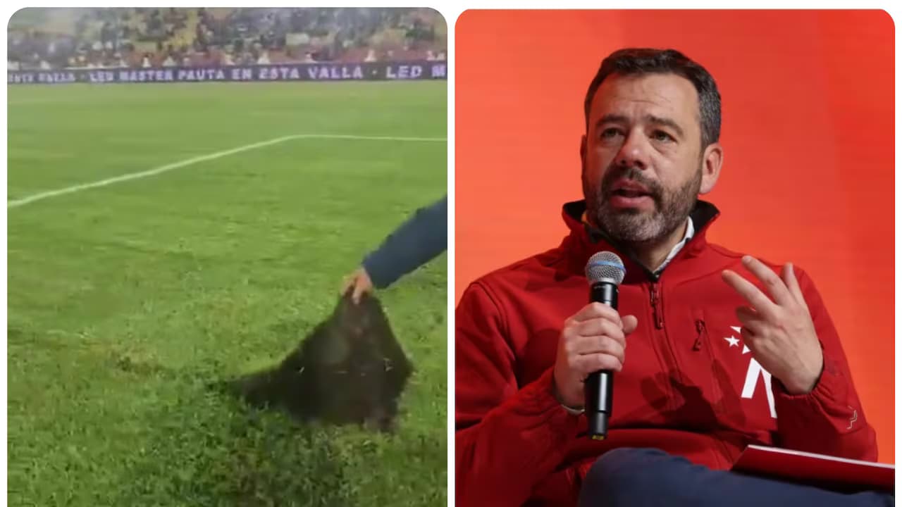 La cancha del estadio El Campín, en Bogotá, cubierta con lonas durante los trabajos de recuperación de la grama