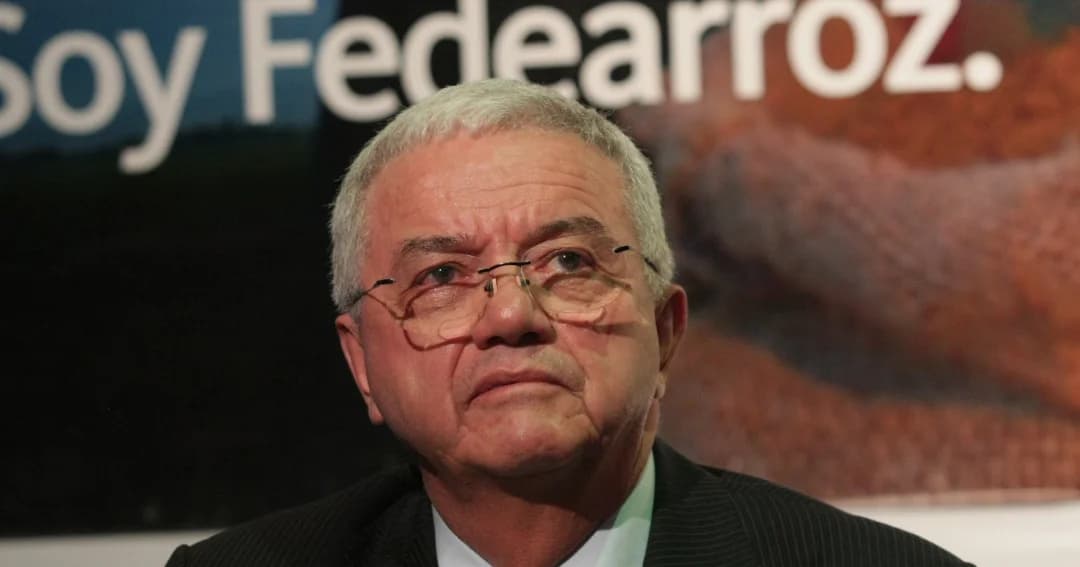 Rafael Hernández Lozano, presidente de Fedearroz, frente a un pendón de la federación