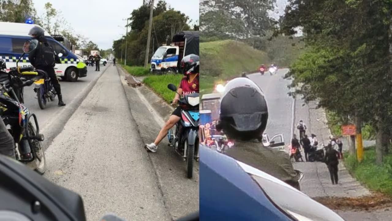 Policías y motociclistas en la vía donde estalló el artefacto explosivo en Popayán