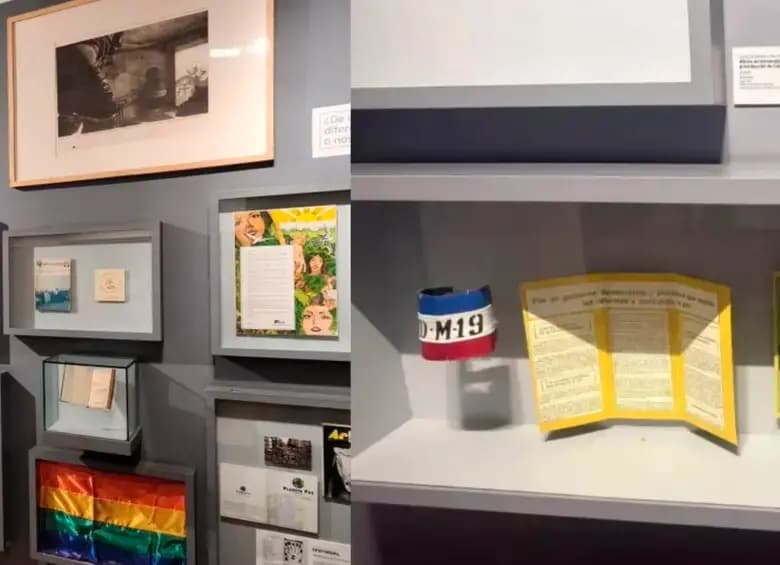 Vitrinas del Museo Nacional con una bandera LGBTI, un brazalete del M-19 y documentos, parte de las piezas retiradas
