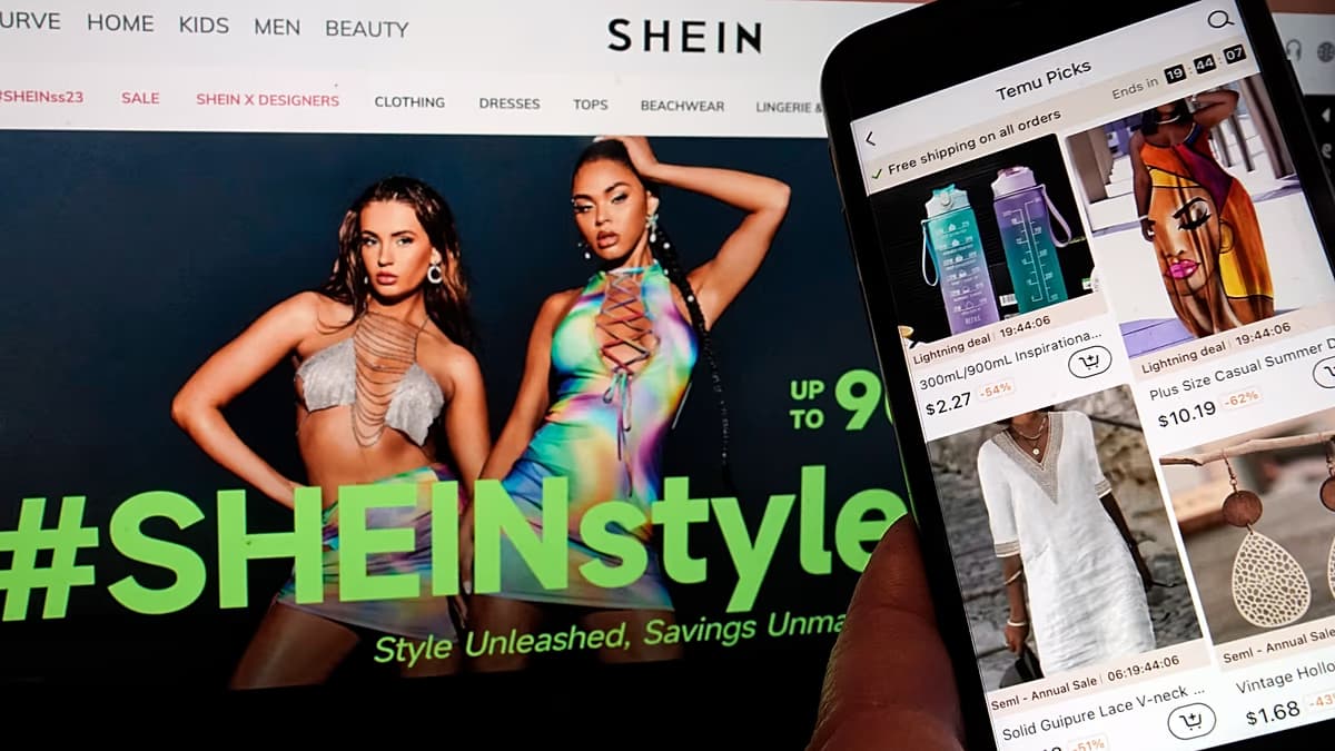 Sitio web de Shein en una pantalla y la aplicación de Temu en un teléfono celular