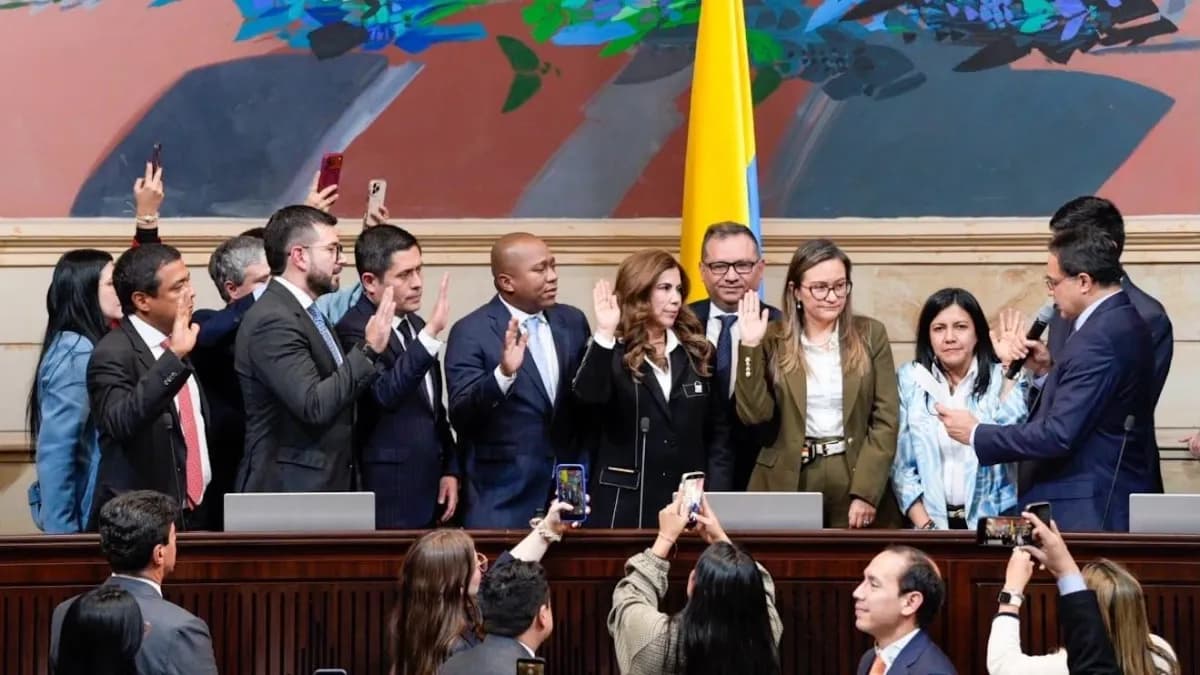 Los magistrados electos del Consejo Nacional Electoral levantan la mano derecha durante el acto de juramento en el Congreso