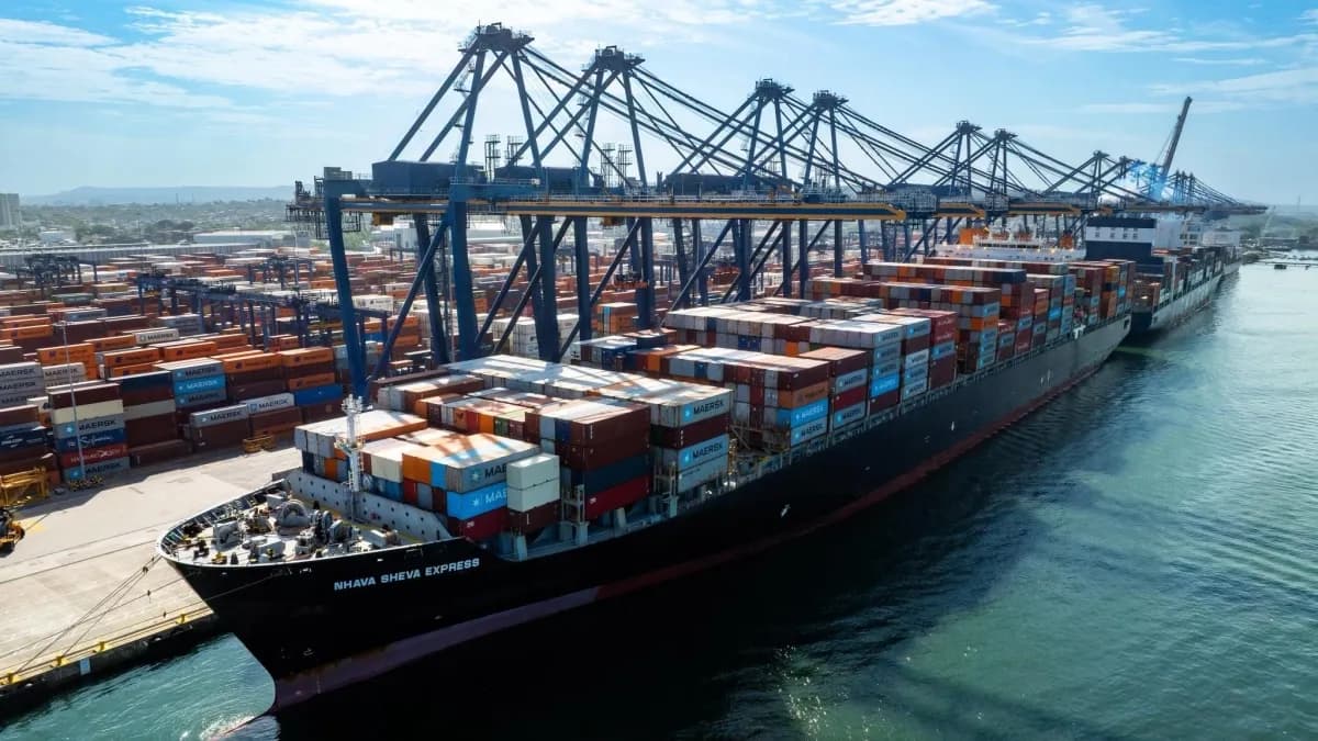 Buque portacontenedores atracado en una terminal marítima con grúas pórtico