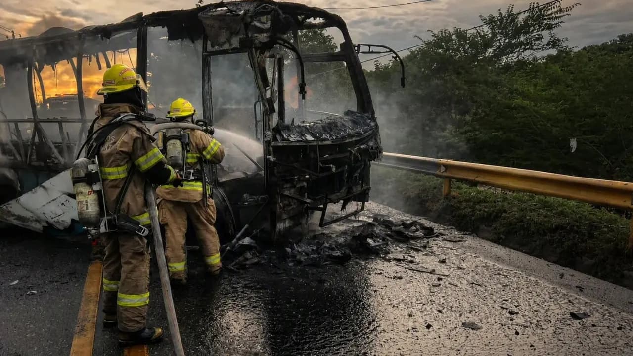 Buseta de servicio público incendiada a la entrada de Santa Marta