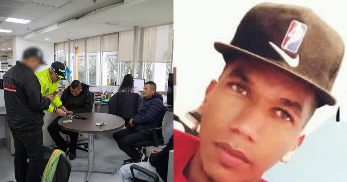 Policías durante una diligencia judicial y retrato de Donovan Balanta
