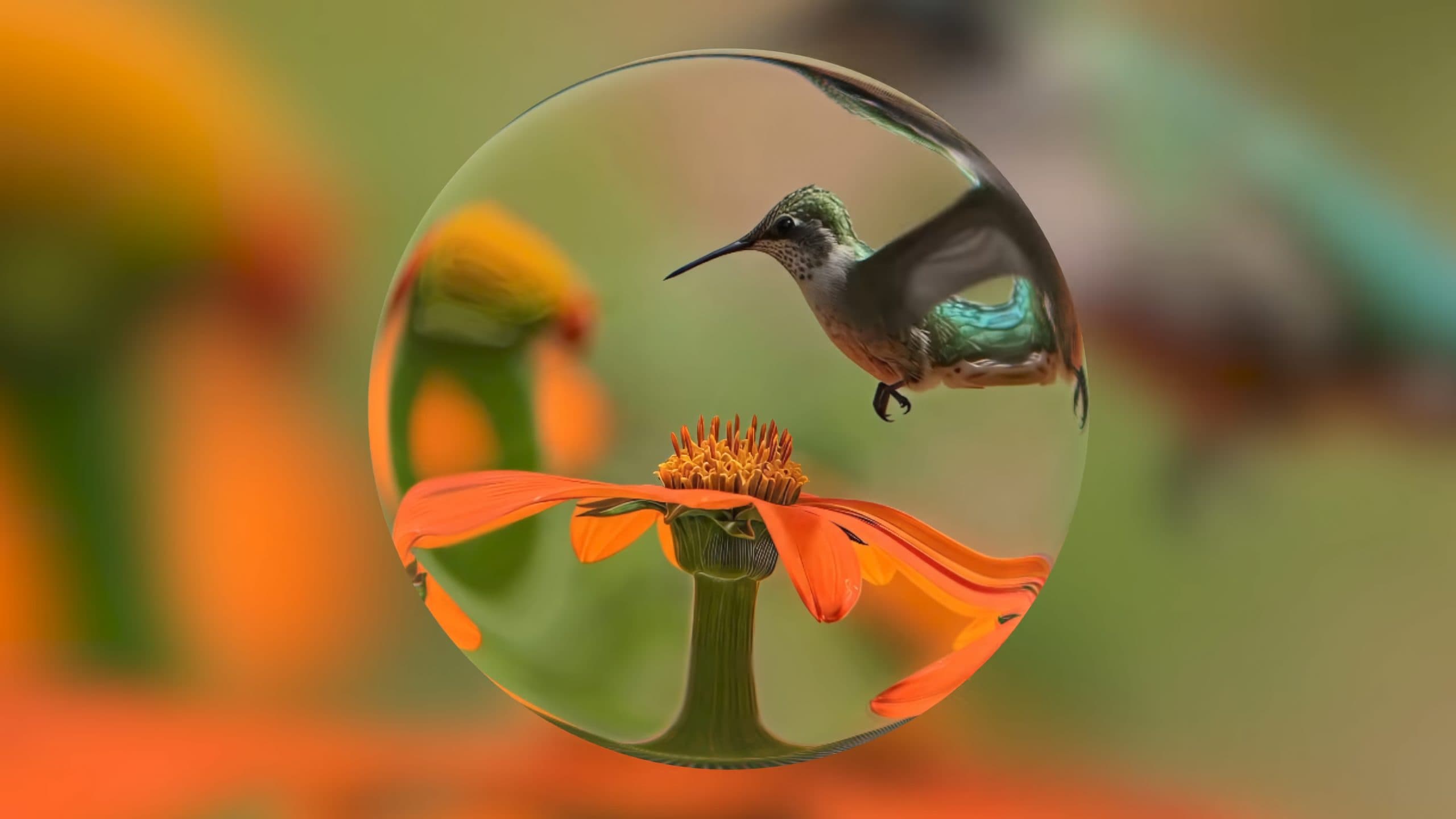 Escena generada por Genie 4: un colibrí junto a una flor naranja dentro de una esfera transparente