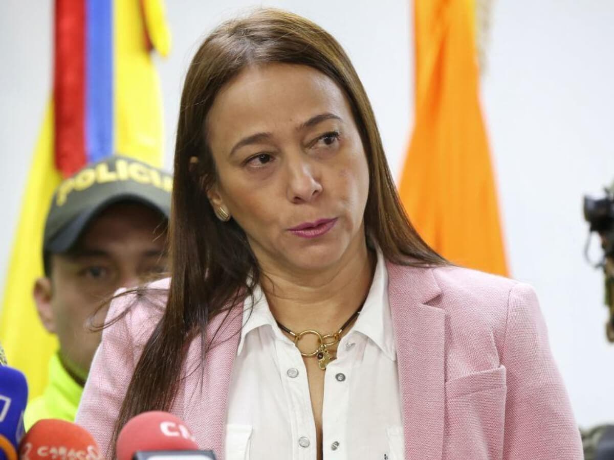 Claudia Carrasquilla habla ante micrófonos de prensa, con un policía y banderas al fondo