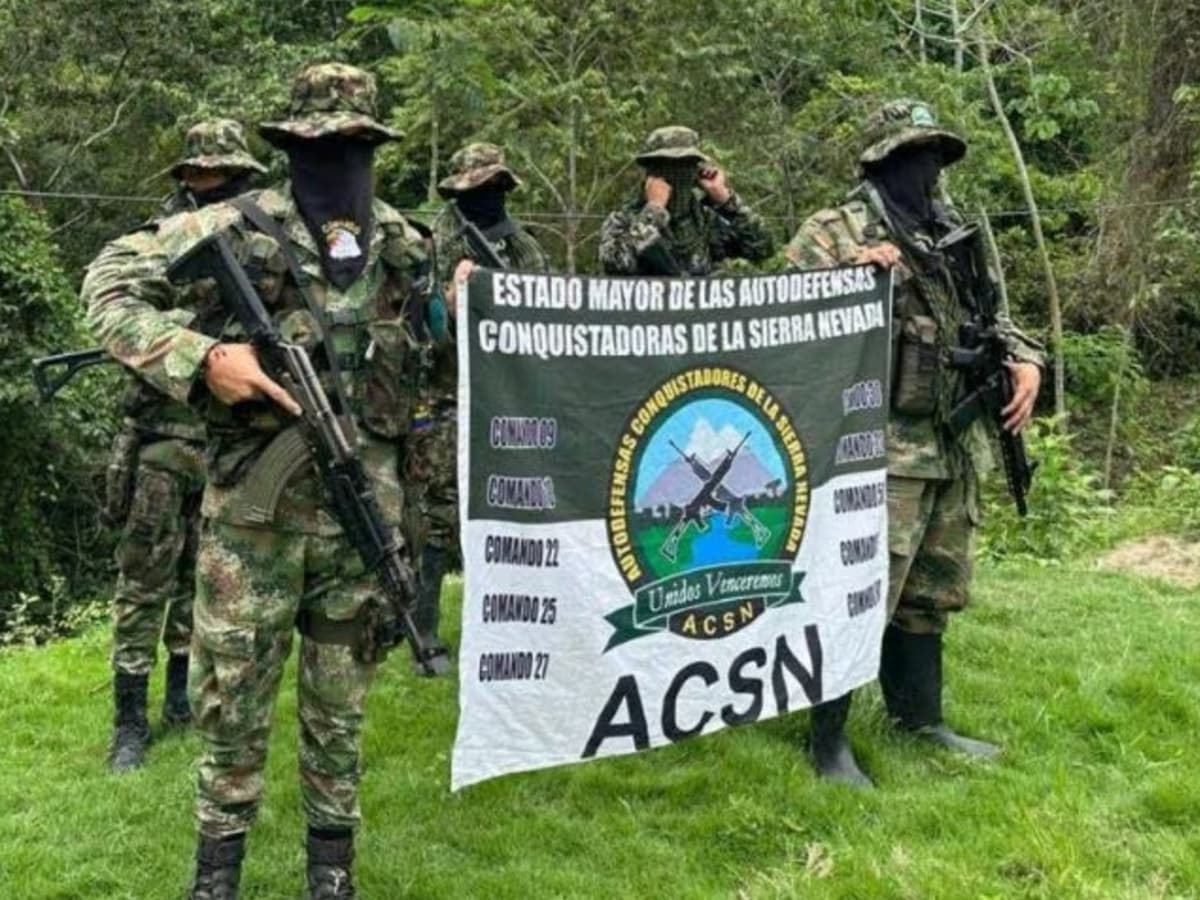 Hombres armados y encapuchados de las Autodefensas Conquistadoras de la Sierra Nevada posan con una pancarta del grupo
