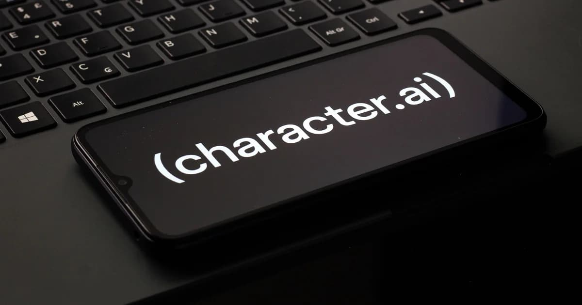 Teléfono con el logo de Character.ai sobre el teclado de un computador