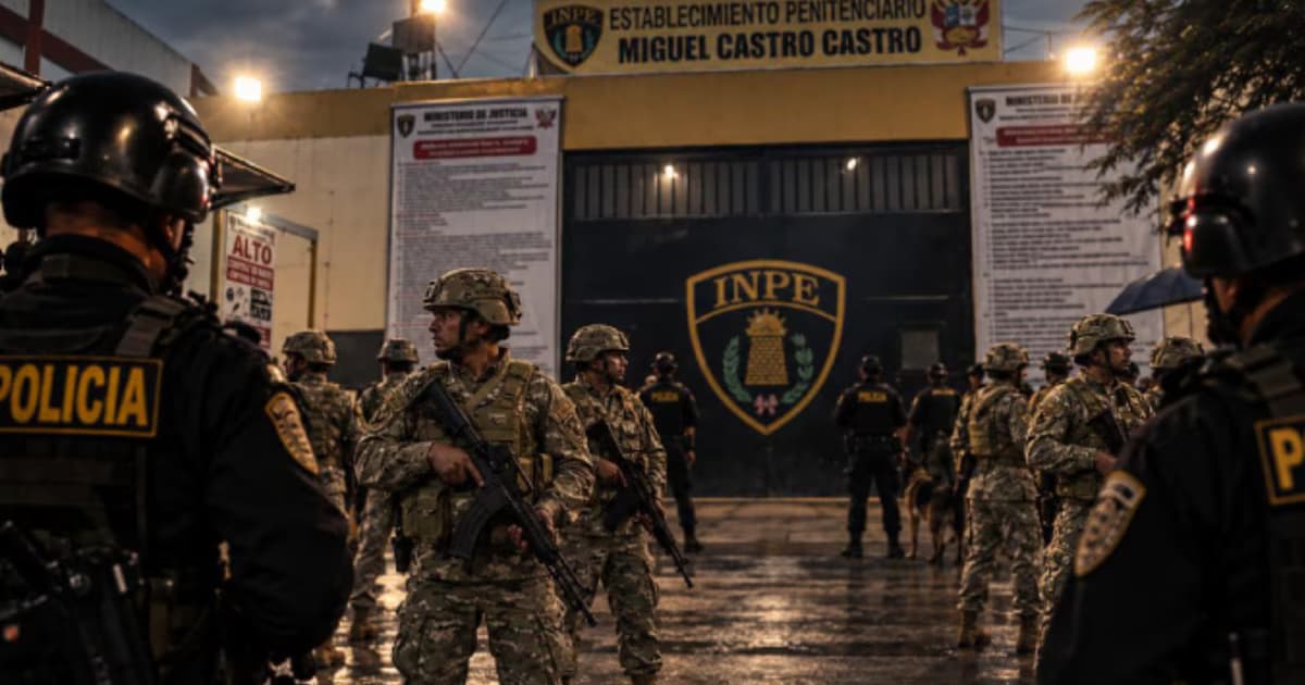 Exterior de un establecimiento penitenciario en Perú custodiado por agentes