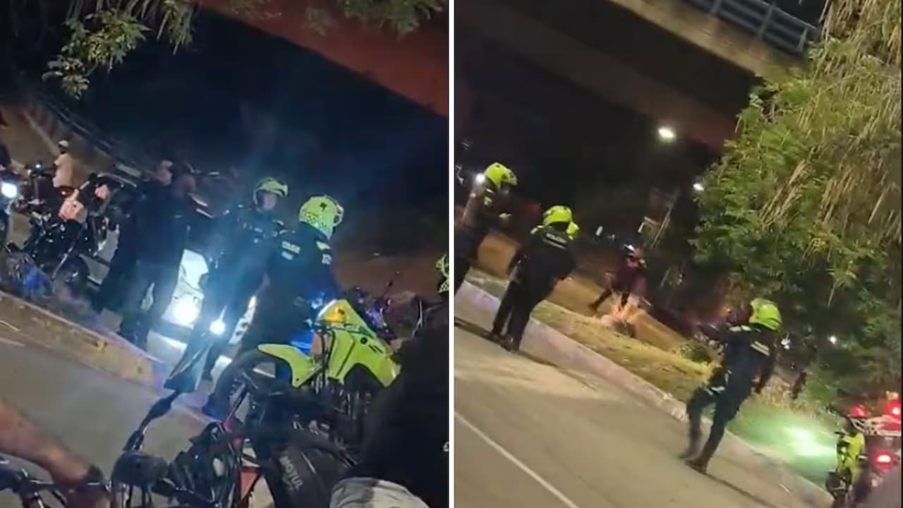 Policías en motocicleta en el sector de Puente Nuevo, en Cali, tras la explosión de la noche del jueves