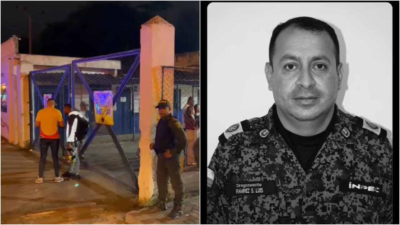 A la izquierda, policía frente al lugar del ataque en Cali; a la derecha, retrato del dragoneante Luis Francisco Ramírez con uniforme del Inpec