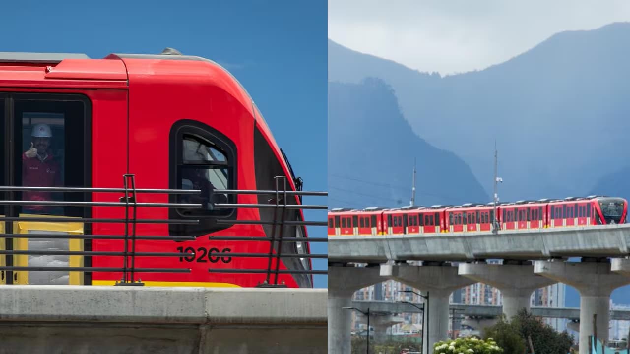 Un tren del metro de Bogotá sobre el viaducto de la primera línea