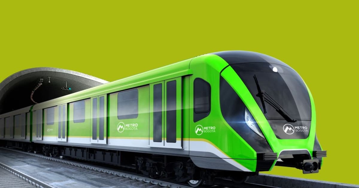 Recreación del tren de la Línea 2 del metro de Bogotá saliendo de un túnel