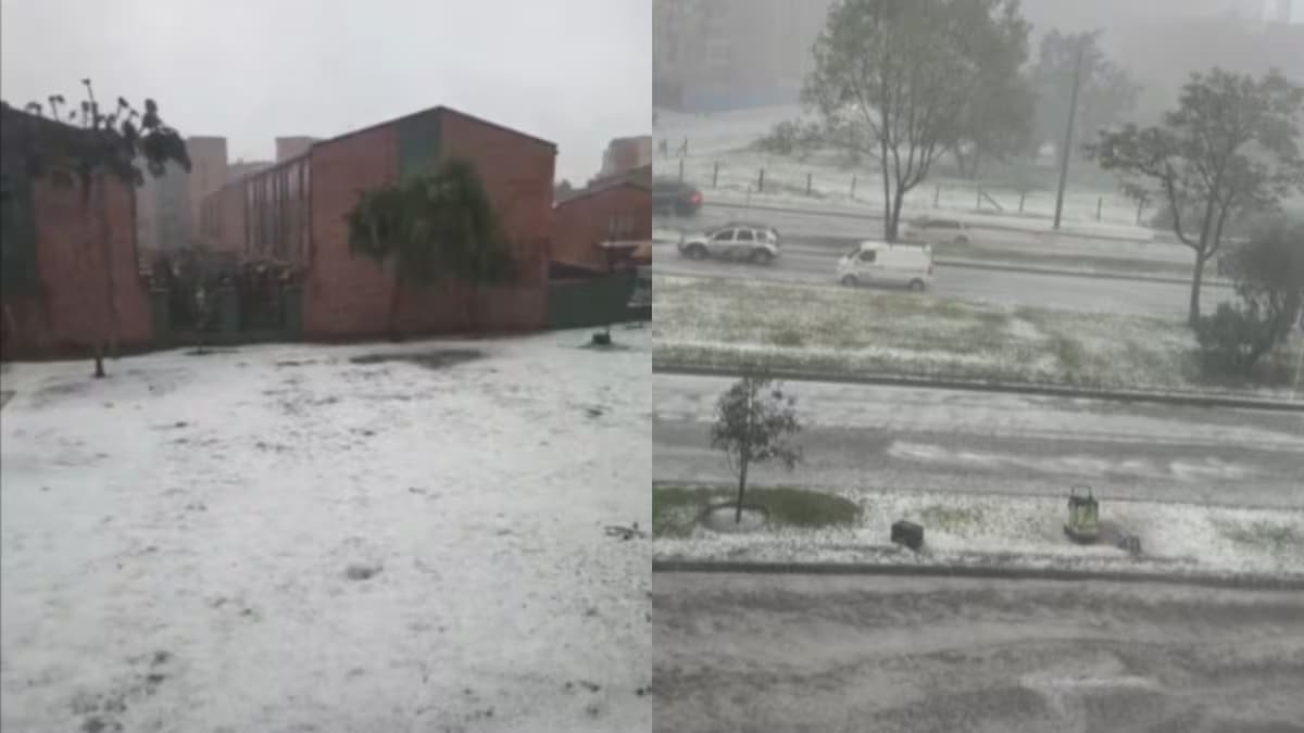 Calles y zonas verdes del occidente de Bogotá cubiertas de granizo