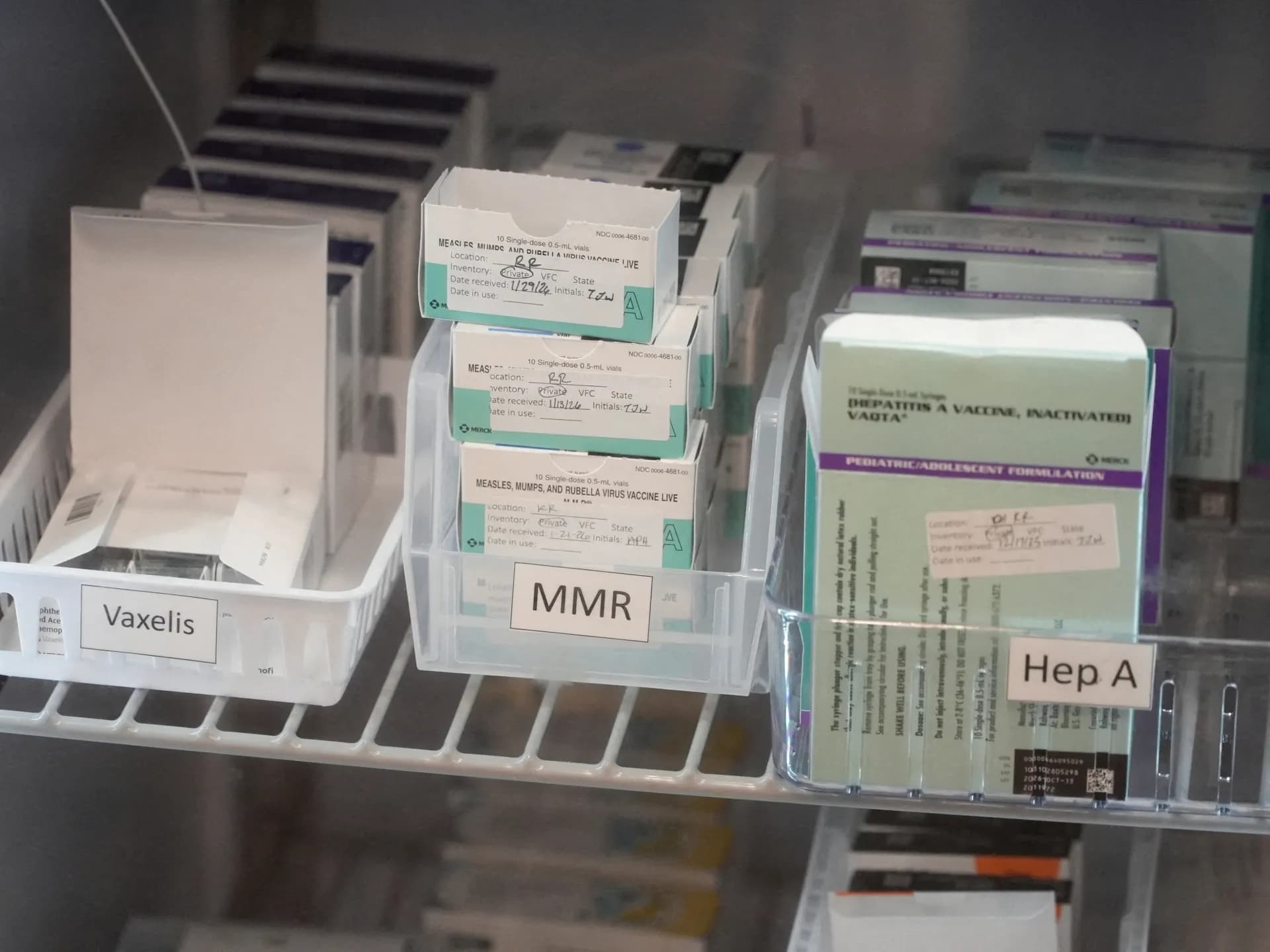 Vacunas triple viral en un refrigerador médico