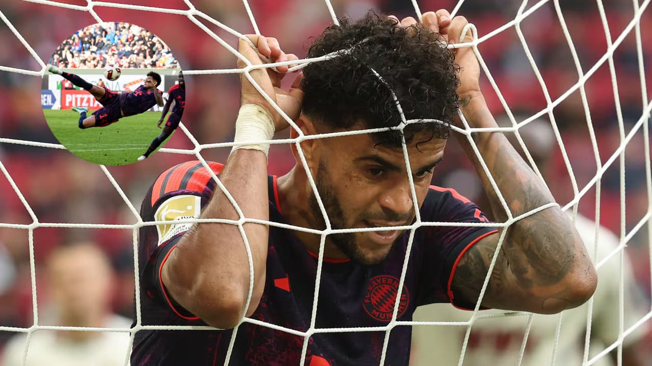 Luis Díaz se agarra de la red con gesto de frustración; en un recuadro, su remate de chilena ante el Augsburgo