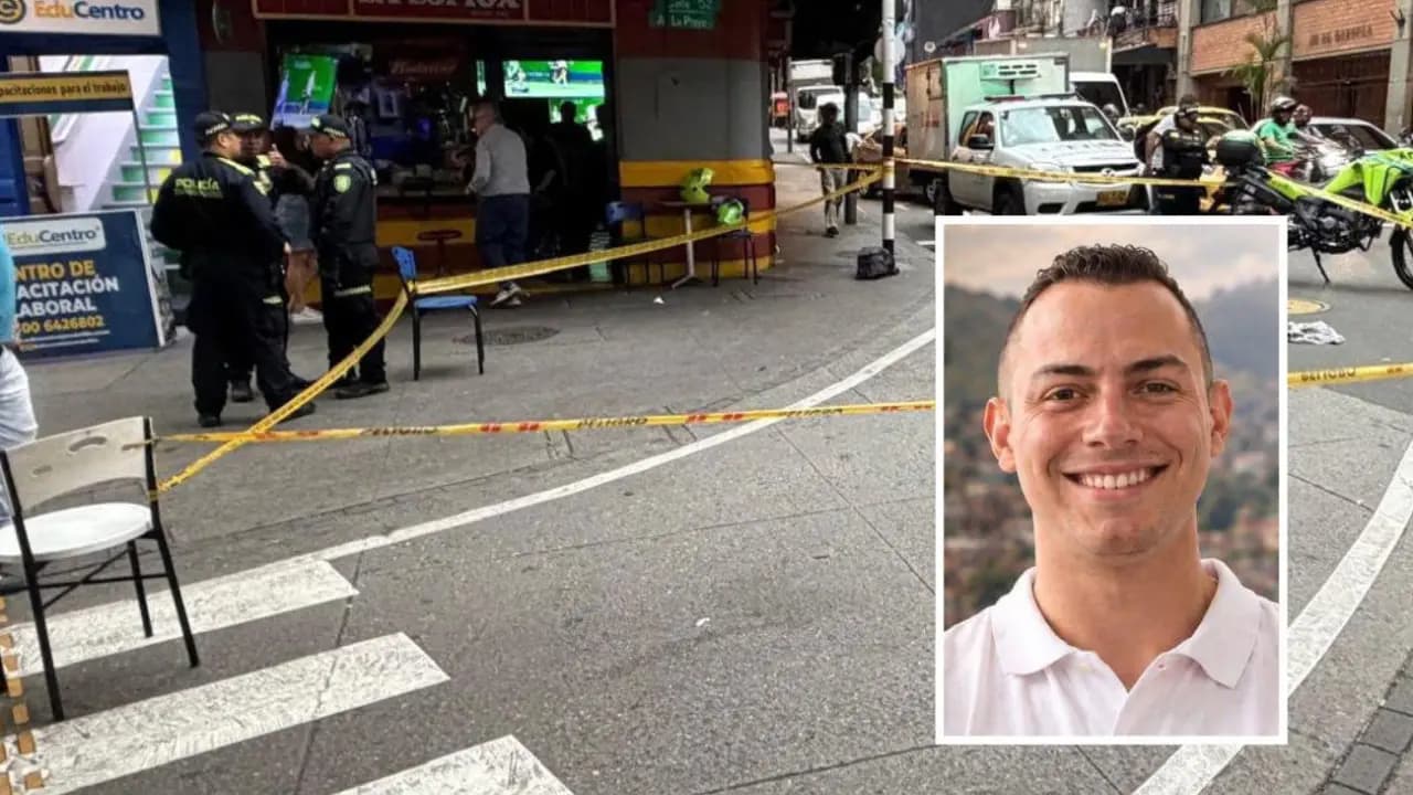 Policías acordonan la esquina de la avenida La Playa con Girardot, en el centro de Medellín; en el recuadro, Juan Esteban Urán Cano