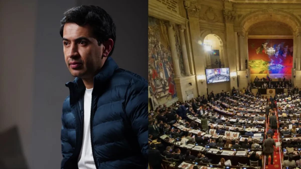 Retrato del representante Daniel Briceño junto a una vista del pleno del Congreso de la República