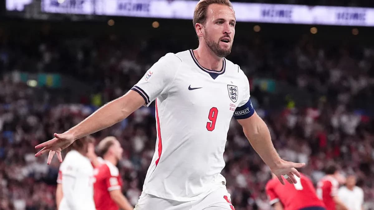 Harry Kane celebra uno de sus goles ante Chequia en el estadio de Wembley