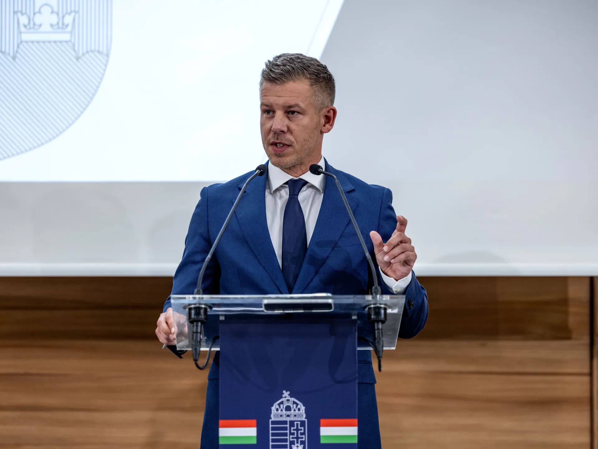 El primer ministro de Hungría, Péter Magyar, habla desde un atril con el escudo y la bandera húngaros