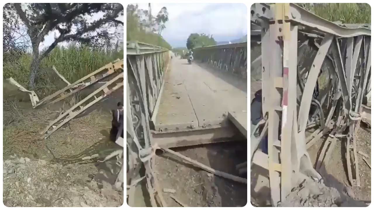 Estructura metálica retorcida del puente La Balsa tras la explosión en Santander de Quilichao