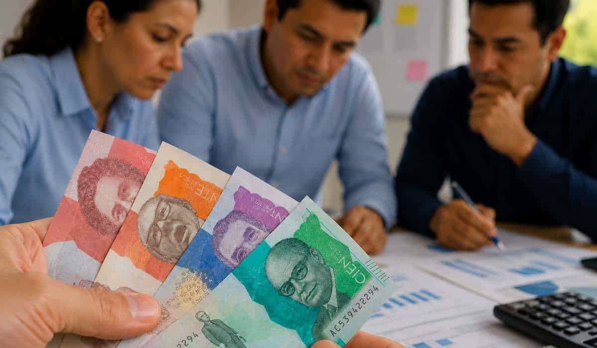 Billetes de pesos colombianos sobre una mesa de trabajo