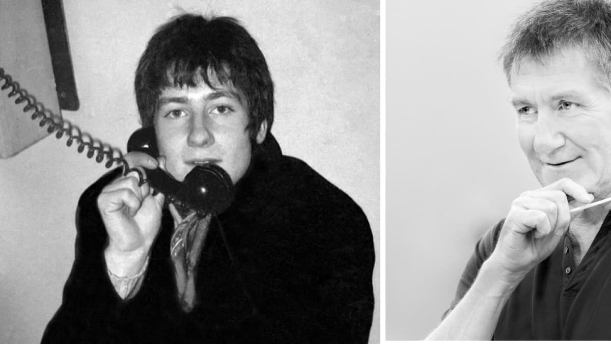 Dos retratos en blanco y negro del compositor George Fenton, de joven y en su madurez