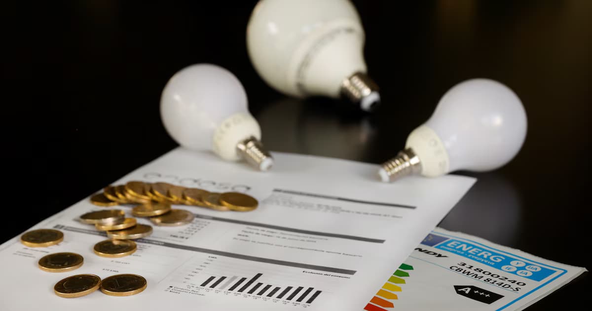 Bombillas sobre una factura de electricidad junto a unas monedas