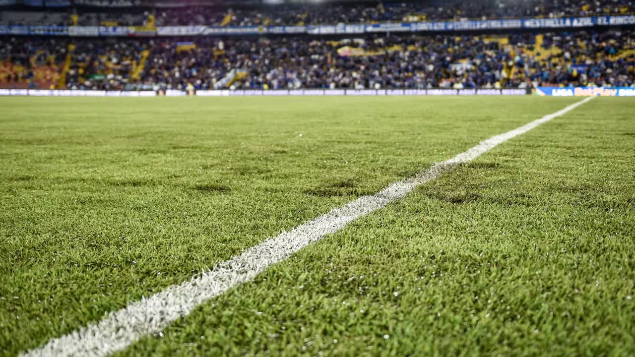 Grama del estadio El Campín, en Bogotá, con la tribuna llena al fondo