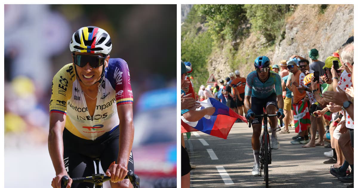 A la izquierda, Egan Bernal con el uniforme del Netcompany Ineos; a la derecha, Harold Tejada en un ascenso con el Astana
