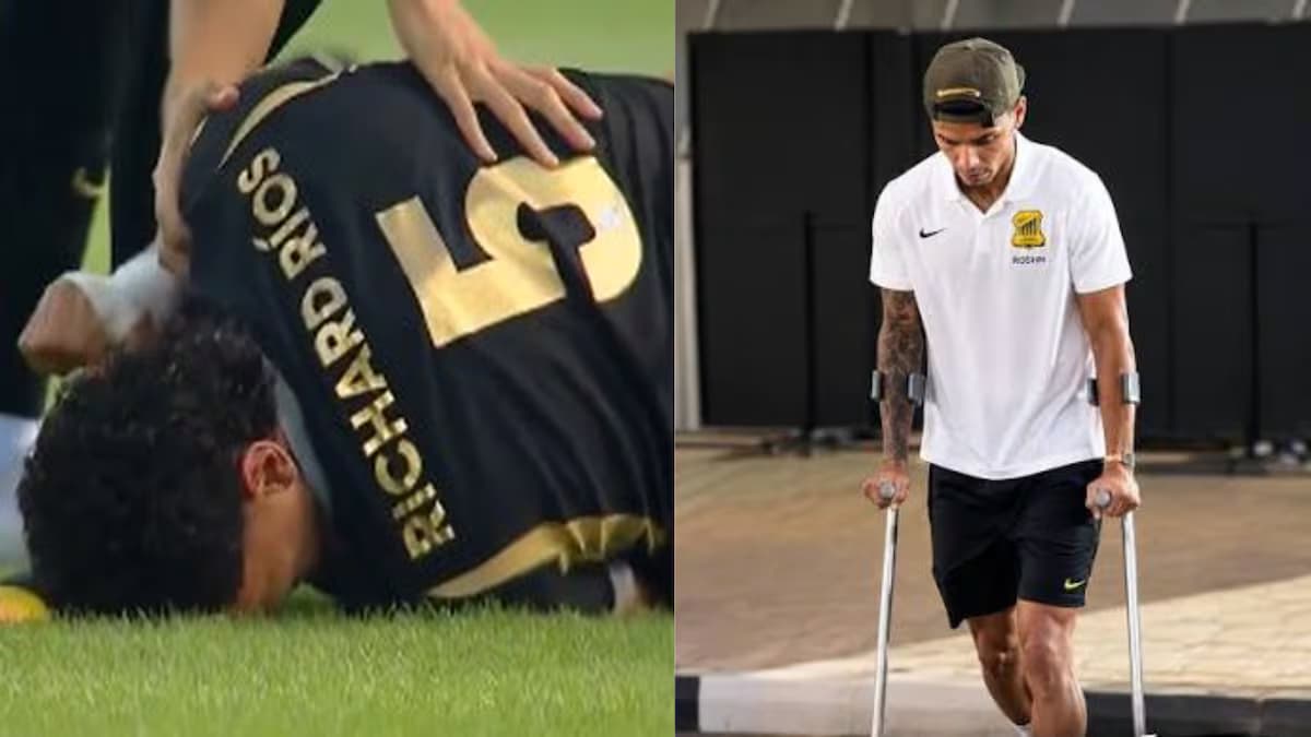 Richard Ríos, tendido en el césped tras la lesión, y luego caminando con muletas