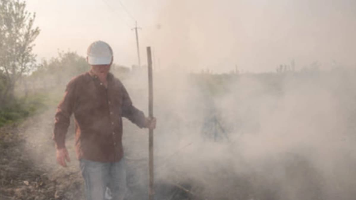 Un campesino camina con un palo entre el humo de un terreno quemado en zona rural del Tolima