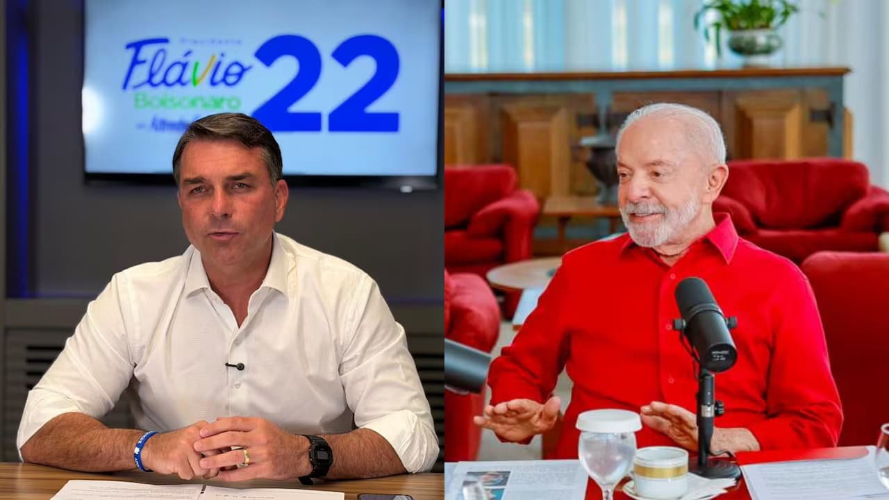 Montaje con Flávio Bolsonaro, frente a un letrero de su campaña, y Luiz Inácio Lula da Silva, con camisa roja ante un micrófono