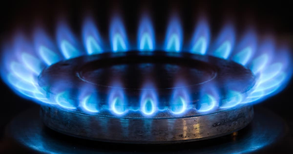 Llamas azules en el quemador de una estufa a gas