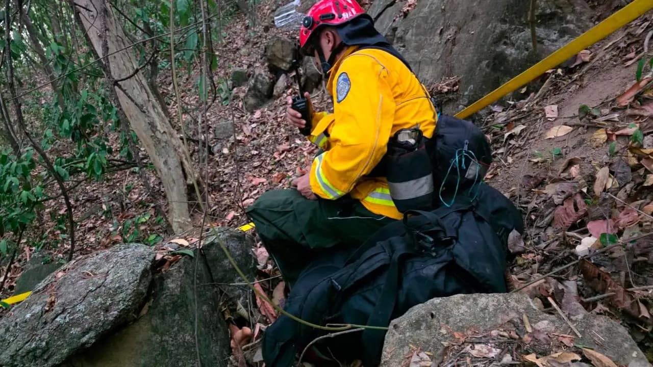Un bombero con casco rojo y chaqueta amarilla habla por radio en una ladera cubierta de hojarasca, junto a mangueras y equipo