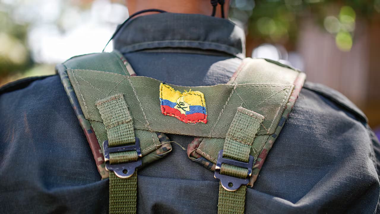 Espalda de un combatiente con uniforme y morral de campaña, con un parche de la bandera de Colombia cosido entre las correas