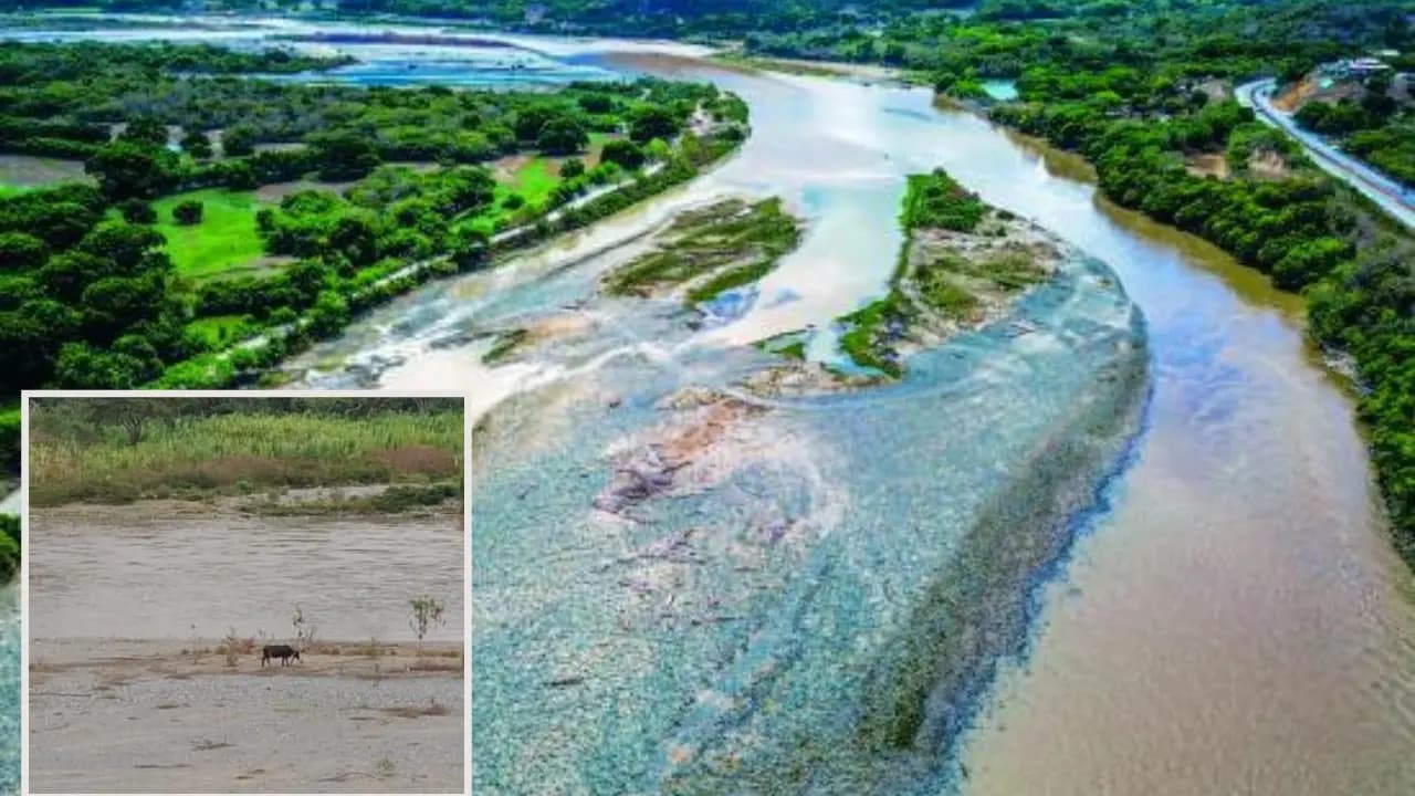 Vista aérea del río Cauca con amplios bancos de arena al descubierto