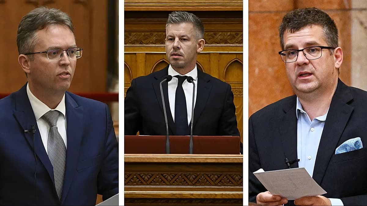 Composición de fotos de Balázs Hankó, Péter Magyar y Miklós Seszták en el Parlamento húngaro