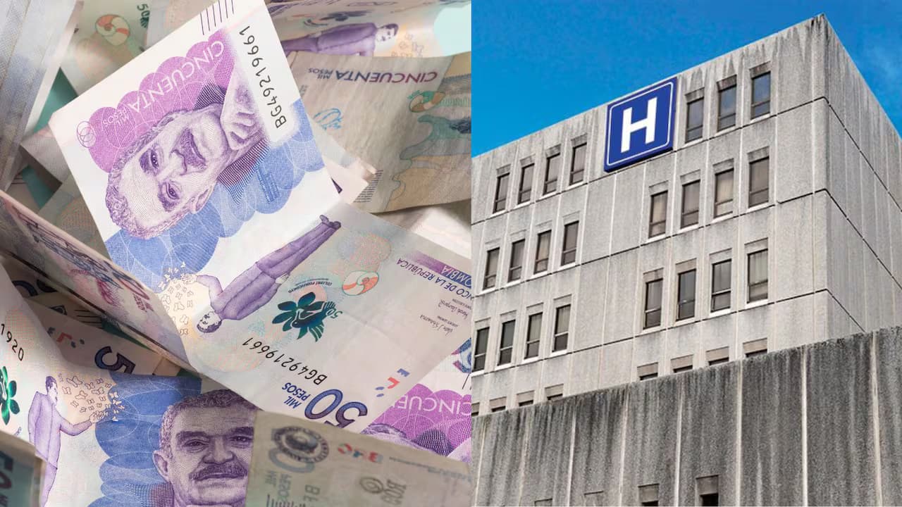 Billetes colombianos de 50.000 pesos junto a la fachada de un hospital