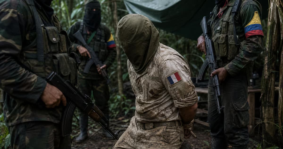 Un hombre encapuchado con el distintivo de Francia en el uniforme, custodiado por integrantes armados de las disidencias de las Farc