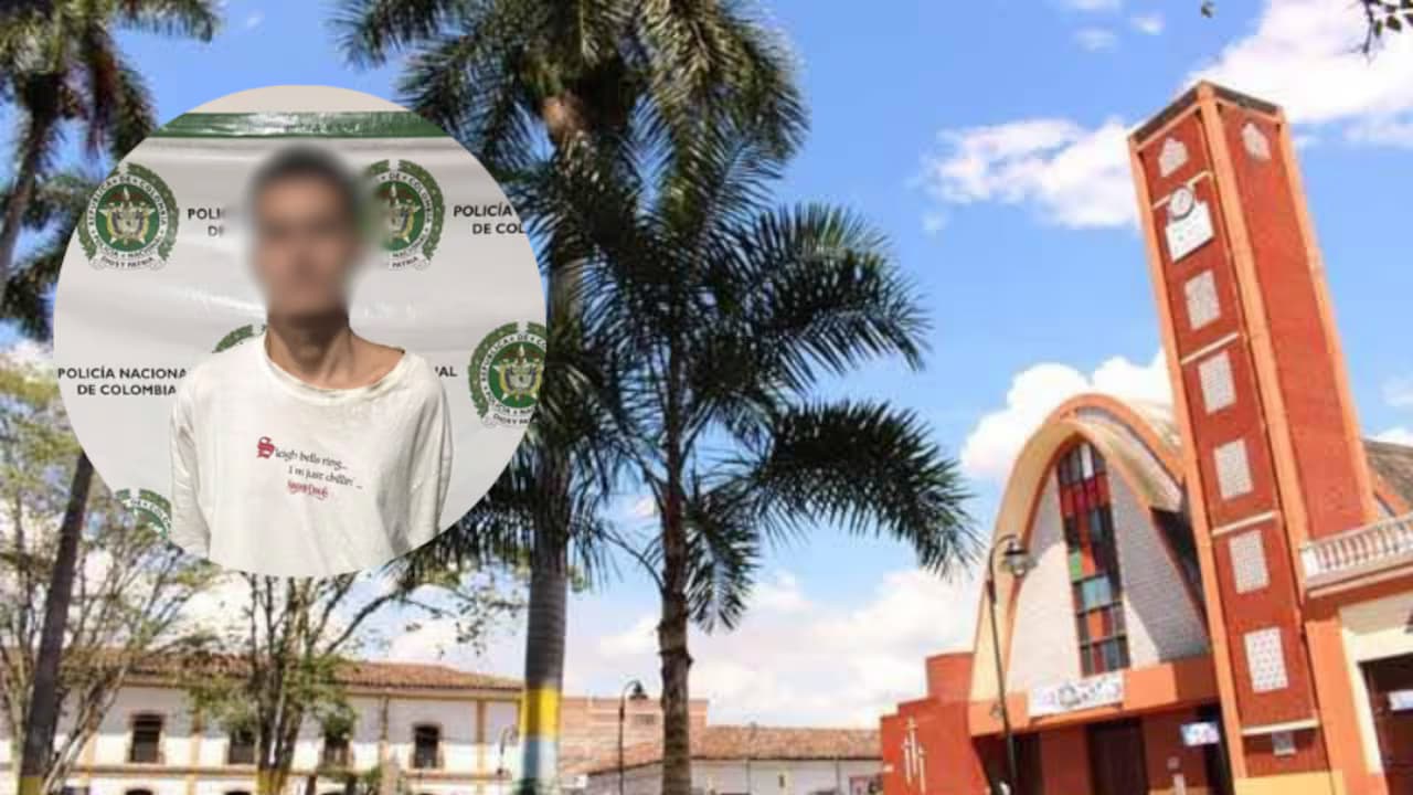 Iglesia y parque principal de El Cerrito, Valle, con la foto del recapturado alias Suricato
